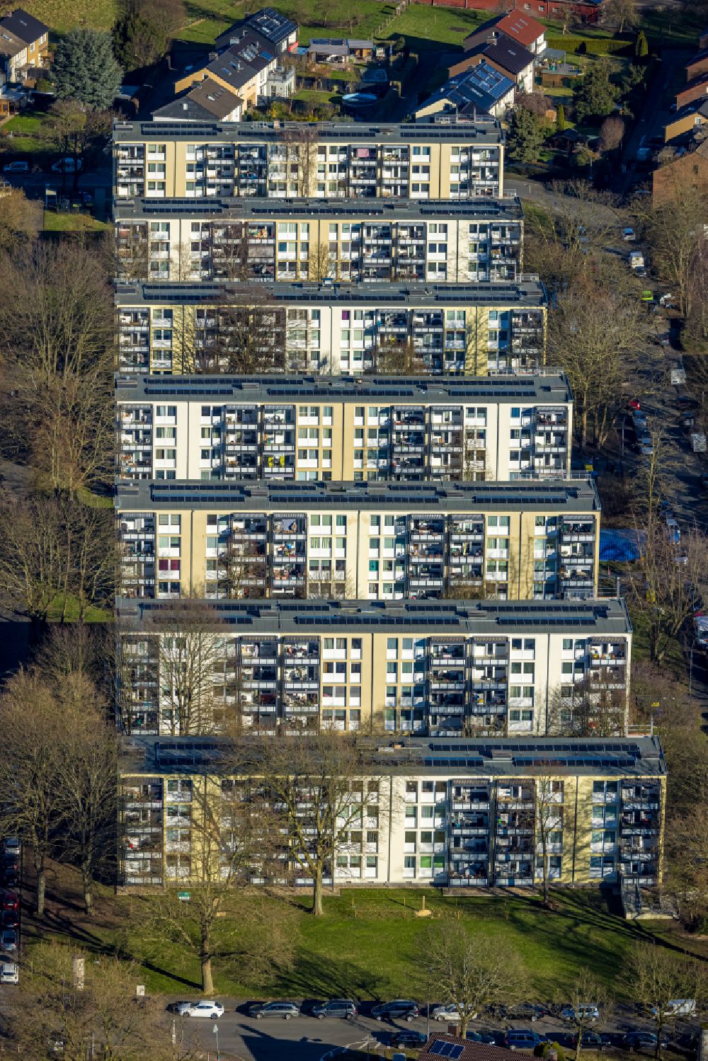 Aerial photograph Castrop-Rauxel - Residential area of industrially manufactured settlement on street Leipziger Strasse in the district Deininghausen in Castrop-Rauxel at Ruhrgebiet in the state North Rhine-Westphalia, Germany