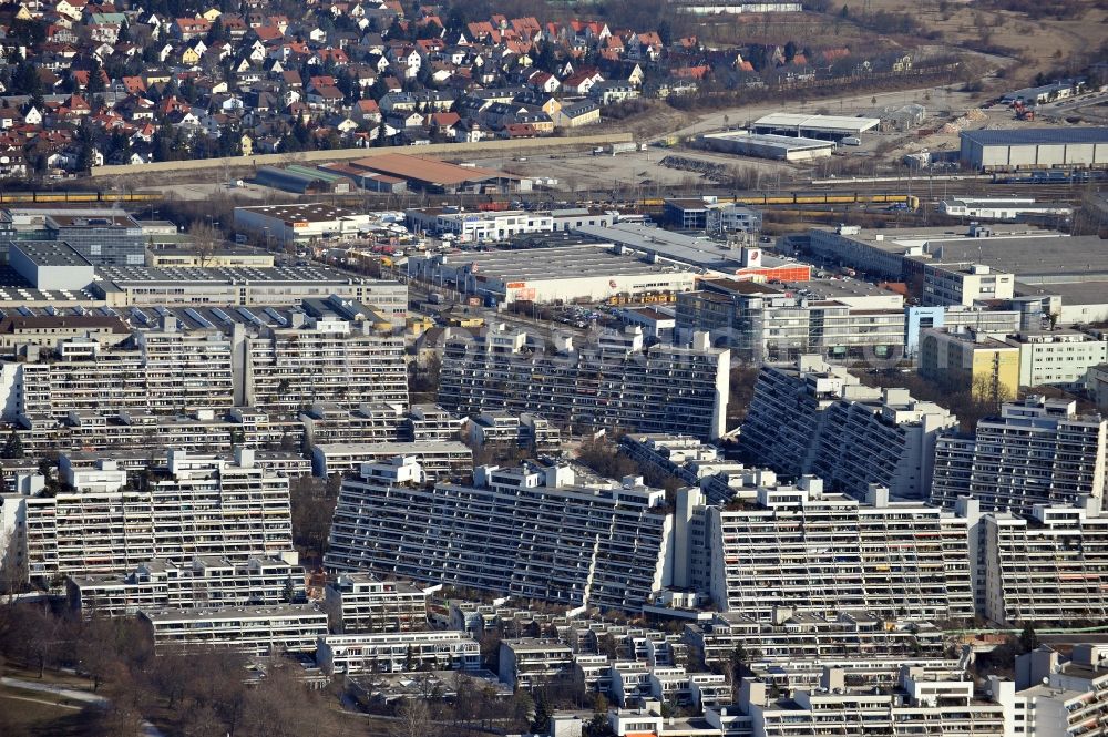 München from above - Plattenbau- high-rise housing development at the former Olympic Village in Munich in the state of Bavaria, Germany