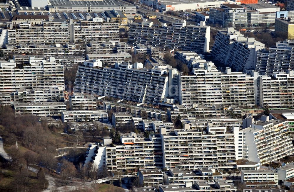 München from the bird's eye view: Plattenbau- high-rise housing development at the former Olympic Village in Munich in the state of Bavaria, Germany