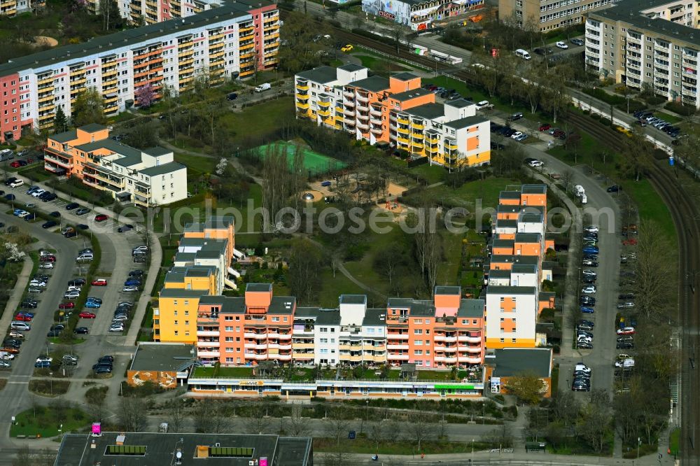 Berlin from above - Skyscrapers in the residential area of industrially manufactured settlement Eichhorster Strasse - Rosenbecker Strasse in the district Marzahn in Berlin, Germany