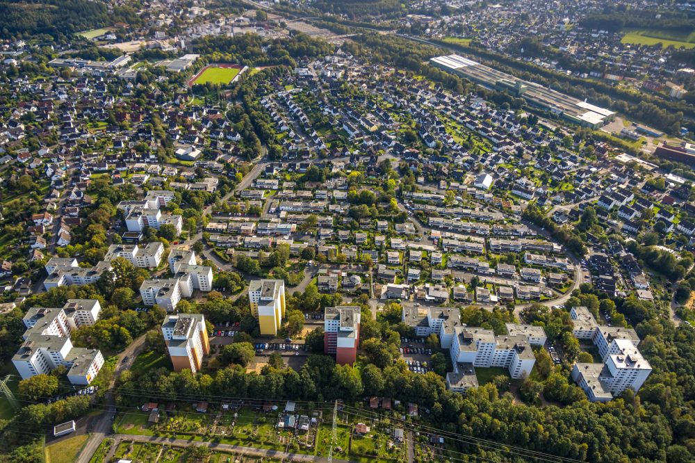 Aerial image Kreuztal - Skyscrapers in the residential area of industrially manufactured settlement entlang of Eggersten Ring in Kreuztal in the state North Rhine-Westphalia, Germany