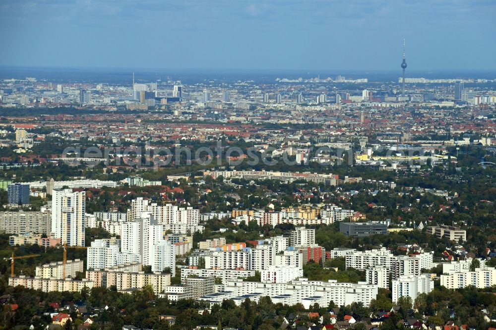 Berlin from above - Skyscrapers in the residential area of industrially manufactured settlement Gropiusstadt in the district Neukoelln in Berlin, Germany