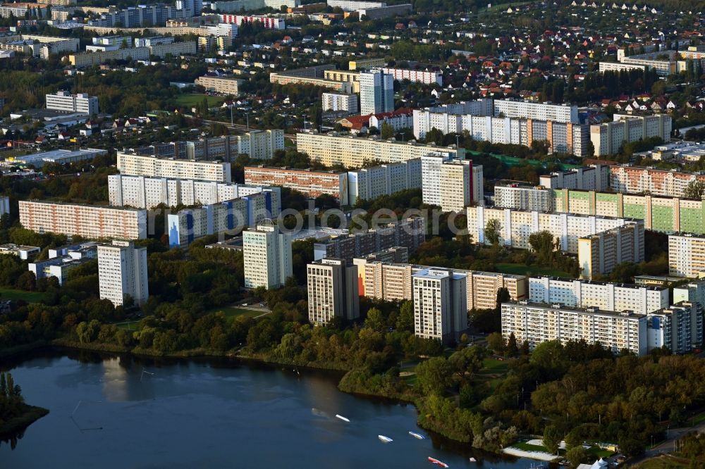 Magdeburg from the bird's eye view: Skyscrapers in the residential area of industrially manufactured settlement in Magdeburg in the state Saxony-Anhalt, Germany