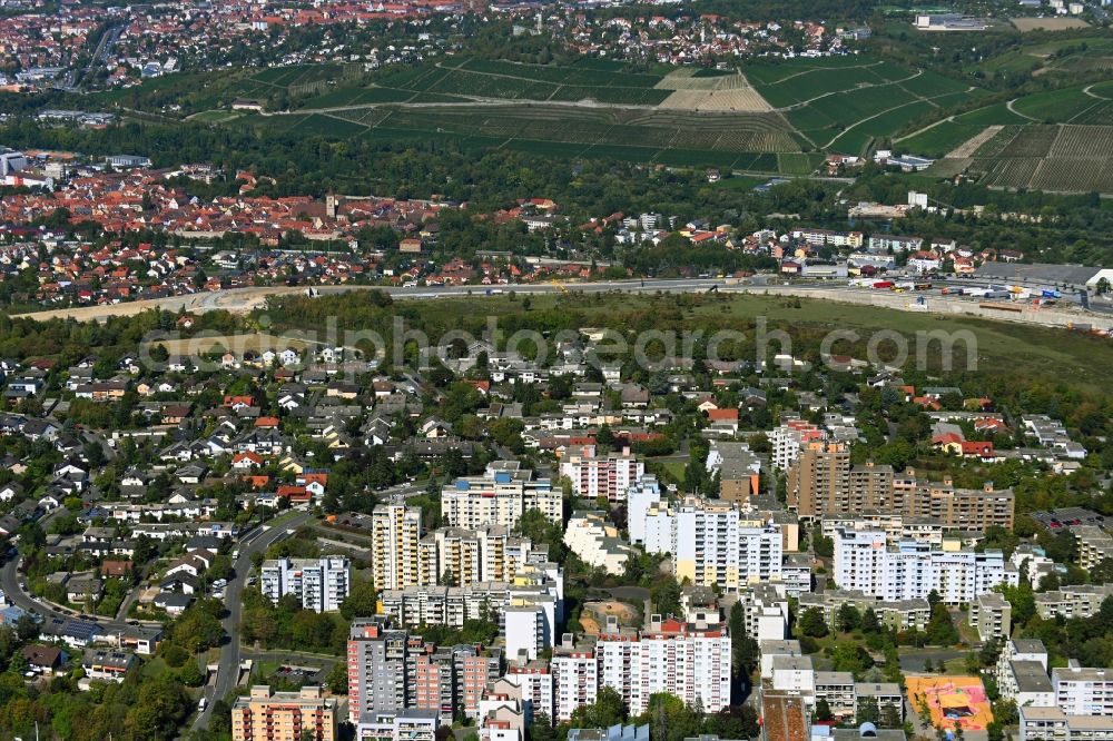 Aerial image Würzburg - Skyscrapers in the residential area of industrially manufactured settlement in the district Heuchelhof in Wuerzburg in the state Bavaria, Germany