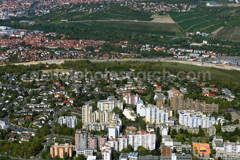 Würzburg from the bird's eye view: Skyscrapers in the residential area of industrially manufactured settlement in the district Heuchelhof in Wuerzburg in the state Bavaria, Germany