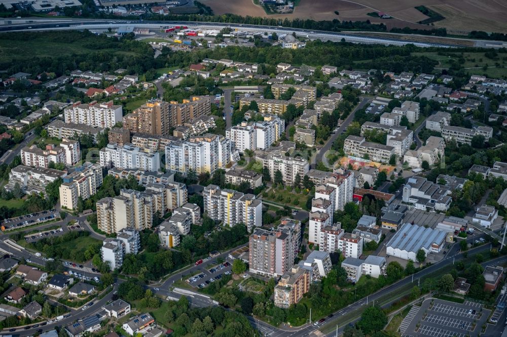 Würzburg from above - Skyscrapers in the residential area of industrially manufactured settlement in the district Heuchelhof in Wuerzburg in the state Bavaria, Germany