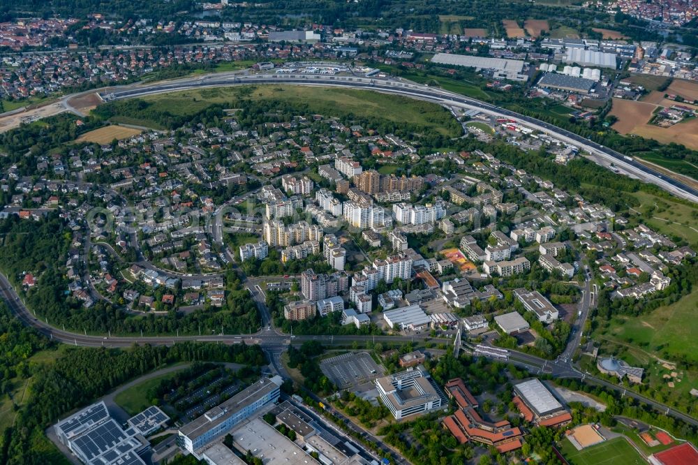 Aerial photograph Würzburg - Skyscrapers in the residential area of industrially manufactured settlement in the district Heuchelhof in Wuerzburg in the state Bavaria, Germany