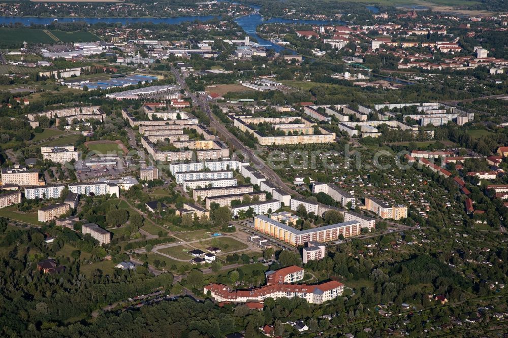 Brandenburg an der Havel from above - Skyscrapers in the residential area of industrially manufactured settlement in the district Hohenstuecken in Brandenburg an der Havel in the state Brandenburg, Germany