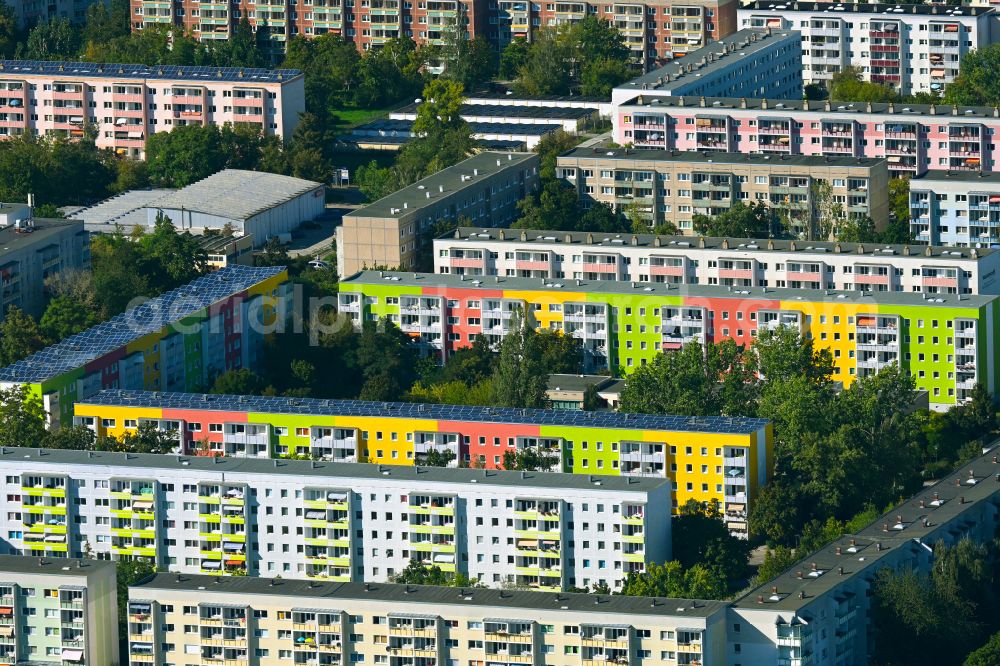 Halle (Saale) from the bird's eye view: Residential area of an industrially manufactured prefabricated housing estate on Albert-Roth-Strasse in the Silberhoehe district in Halle (Saale) in the state Saxony-Anhalt, Germany