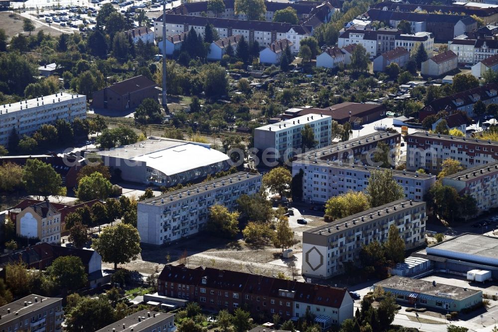 Wittenberge from above - Skyscrapers in the residential area of industrially manufactured settlement on Perleberger Strasse in Wittenberge in the state Brandenburg, Germany