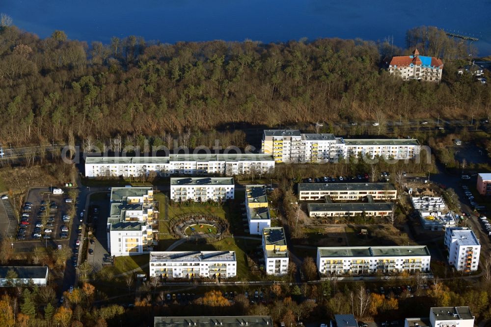 Schwerin from above - Skyscrapers in the residential area of industrially manufactured settlement Pilaer Strasse in Schwerin in the state Mecklenburg - Western Pomerania, Germany