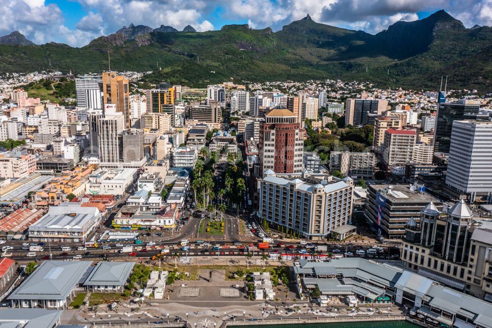 Port Louis from the bird's eye view: Residential area of industrially manufactured settlement in Port Louis in Mauritius