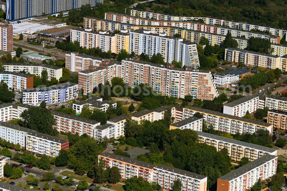 Rostock from above - Residential area of industrially manufactured settlement on street Anton-Makarenko-Strasse in the district Evershagen in Rostock at the baltic sea coast in the state Mecklenburg - Western Pomerania, Germany