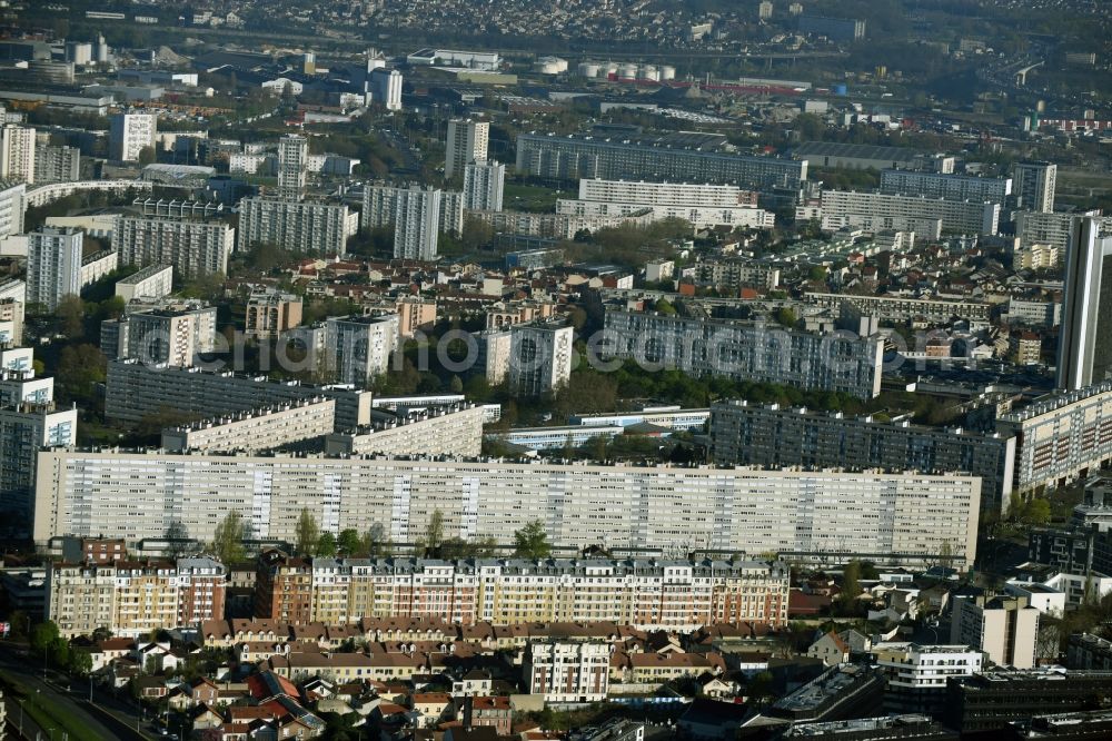 Paris from the bird's eye view: Skyscrapers in the residential area of industrially manufactured settlement on Rue du 8 Mai 1945 in Paris in Ile-de-France, France