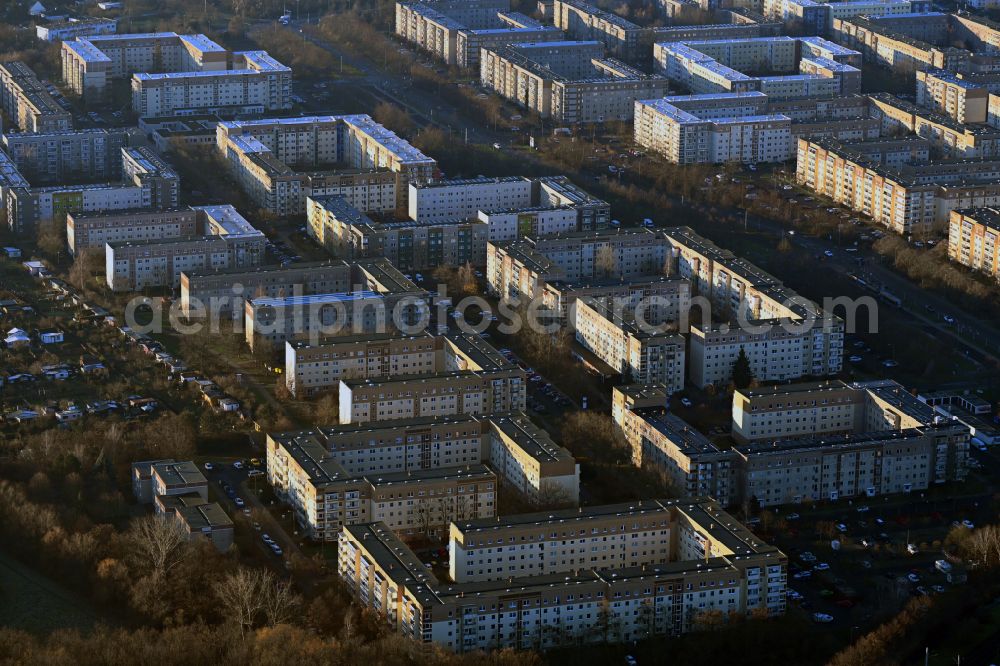 Leipzig from above - Skyscrapers in the residential area of industrially manufactured settlement destrict Paunsdorf in Leipzig in the state Saxony