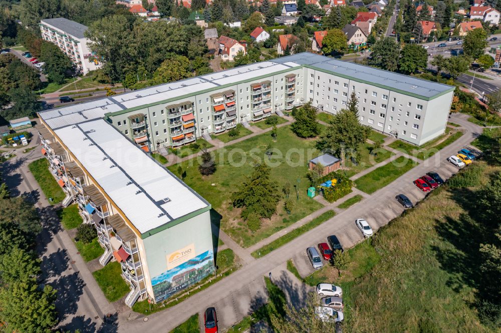 Aerial image Teltow - Residential area of industrially manufactured settlement on street Albert-Wiebach-Strasse in Teltow in the state Brandenburg, Germany