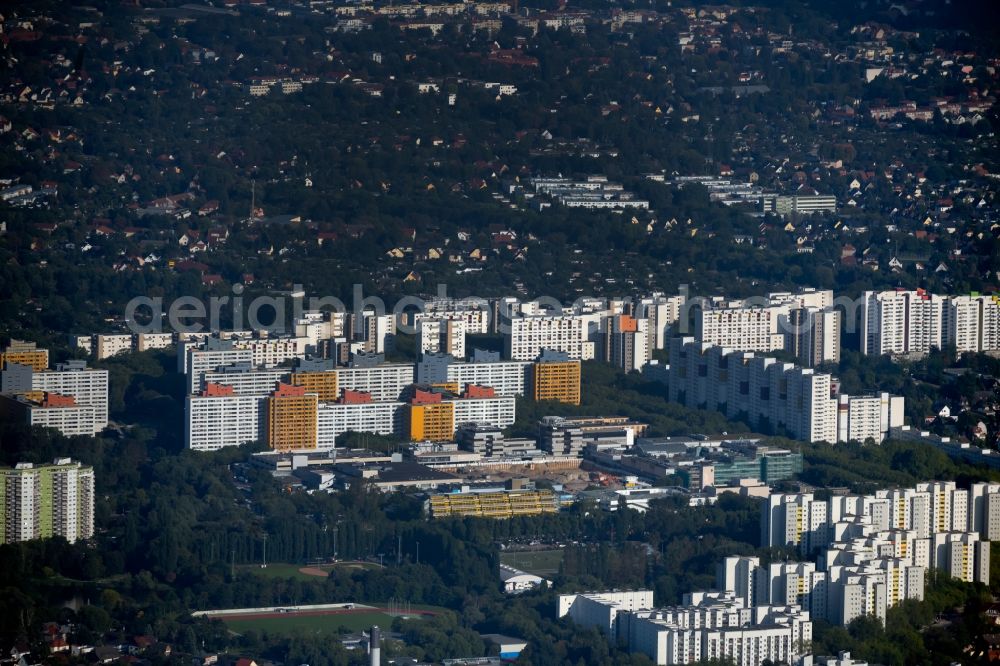 Berlin from above - Skyscrapers in the residential area of industrially manufactured settlement on Wilhelmsruher Donm in the district Maerkisches Viertel in Berlin, Germany