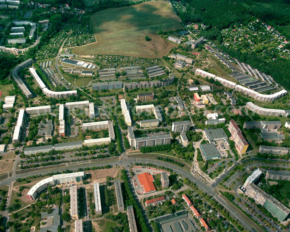 Aerial photograph Zeulsdorf - Skyscrapers in the residential area of industrially manufactured settlement in Zeulsdorf in the state Thuringia, Germany