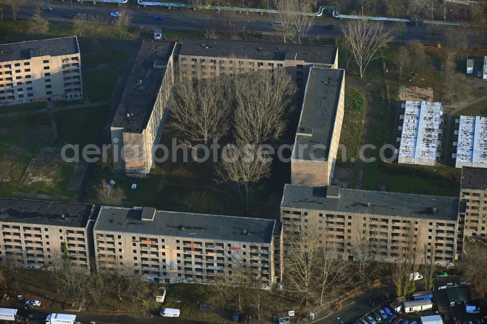 Berlin from above - Building ruin of the empty prefabricated apartment building Wartenberger Strasse - Wollenberger Strasse in the district Hohenschoenhausen in Berlin, Germany