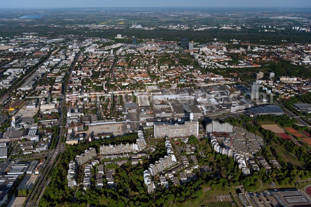 München from above - Residential area of a??a??an industrially manufactured prefabricated housing estate former Olympic village in the district Milbertshofen-Am Hart in Munich in the state Bavaria, Germany