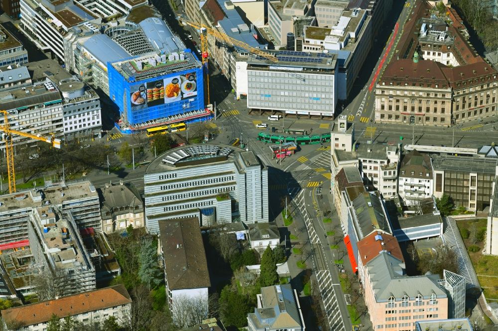 Aerial photograph Basel - Ensemble space on place Aeschenplatz in the inner city center in Basle, Switzerland