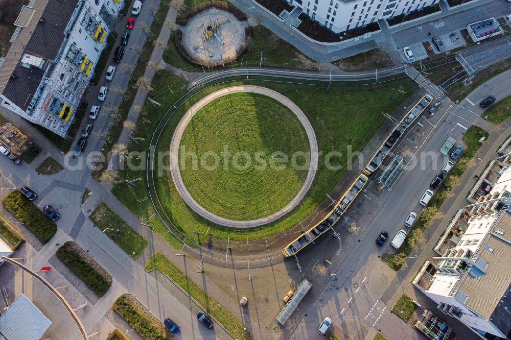 Aerial image Karlsruhe - Ensemble space Badeniaplatz in the inner city center in the district Oberreut in Karlsruhe in the state Baden-Wurttemberg, Germany