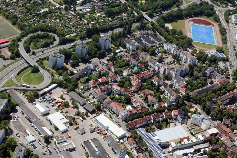 Worms from above - Ensemble space on Dankwartplatz in the inner city center in Worms in the state Rhineland-Palatinate, Germany. The uniformly designed townhouses with full-pitched roof belong to the heritage zone Dankwart place