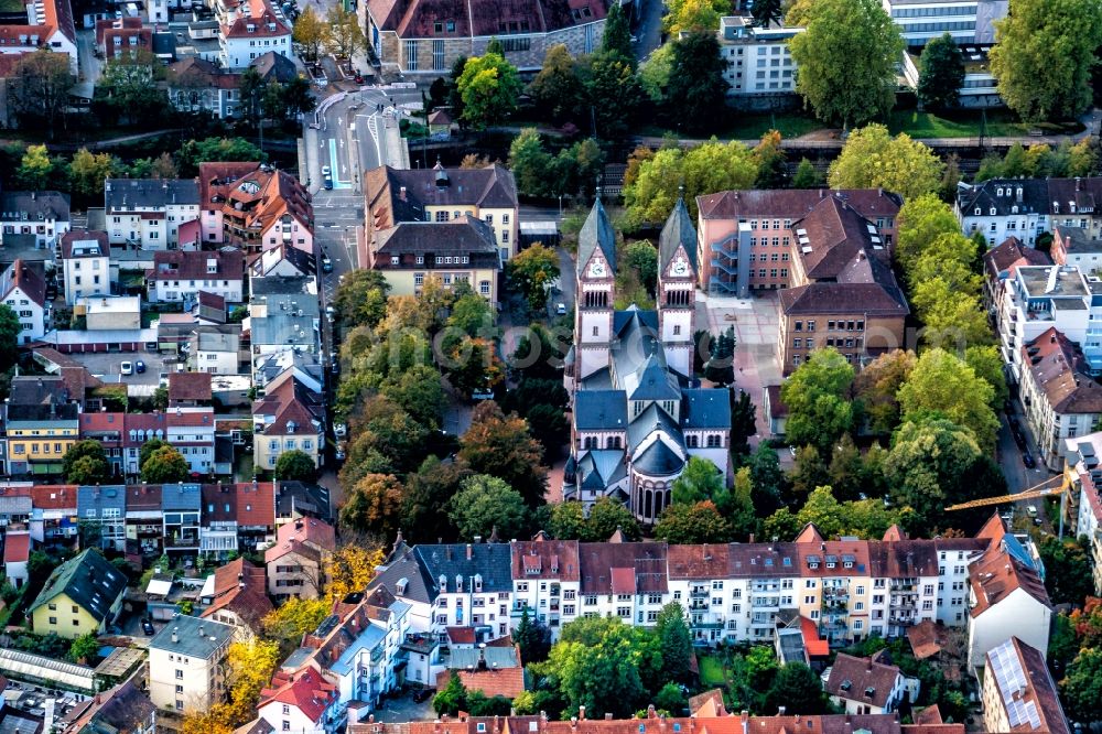 Offenburg from above - Ensemble space with Dreifaltikeitskirche in the inner city center in Offenburg in the state Baden-Wurttemberg, Germany