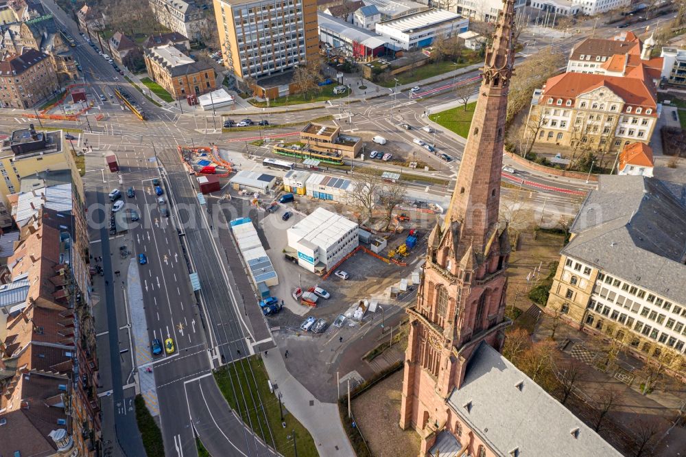 Aerial image Karlsruhe - Ensemble space Durlacher Tor in the inner city center in Karlsruhe in the state Baden-Wurttemberg, Germany