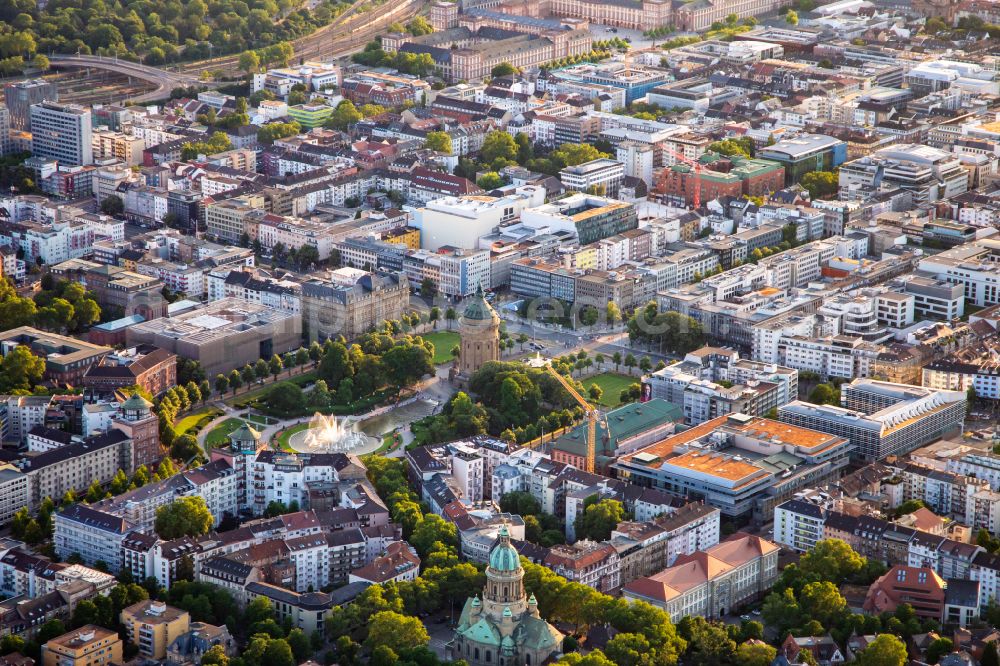 Aerial image Mannheim - Ensemble space Friedrichplatz with Water-tower, Art-Museum, City Hall and Christus-church in the inner city center in Mannheim in the state Baden-Wuerttemberg, Germany