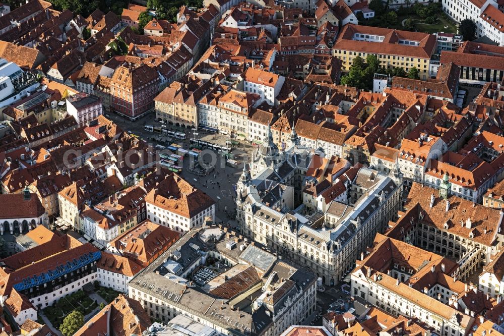 Aerial image Graz - Ensemble space Hauptplatz and Rathaus in the inner city center in Graz in Steiermark, Austria