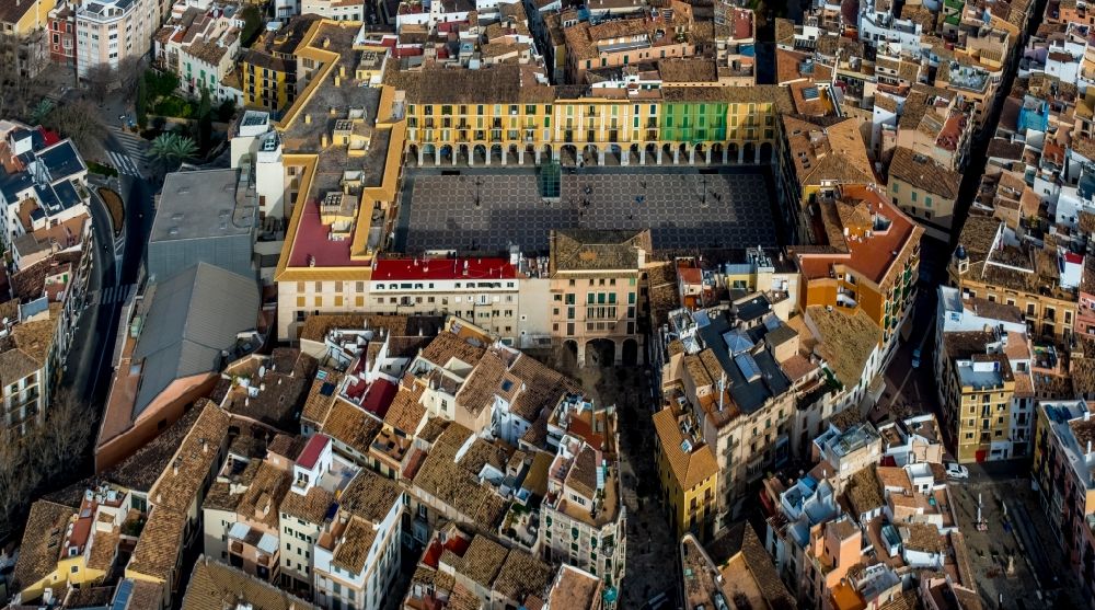 Aerial photograph Palma - Square ensemble of the historic Placa Major in the old town in the city center in Palma in Balearic Island Mallorca, Spain