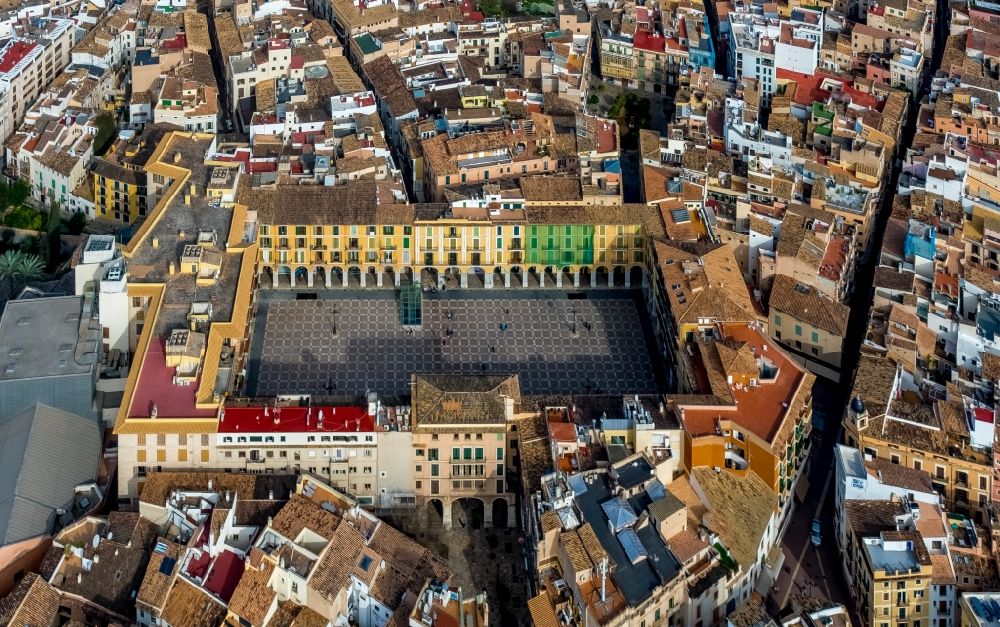 Palma from above - Square ensemble of the historic Placa Major in the old town in the city center in Palma in Balearic Island Mallorca, Spain