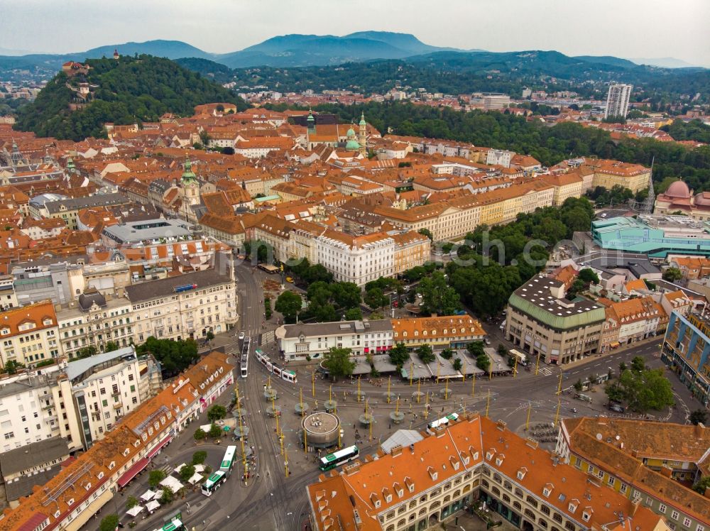 Aerial image Graz - Ensemble space an place Jakominiplatz in the inner city center in Graz in Steiermark, Austria
