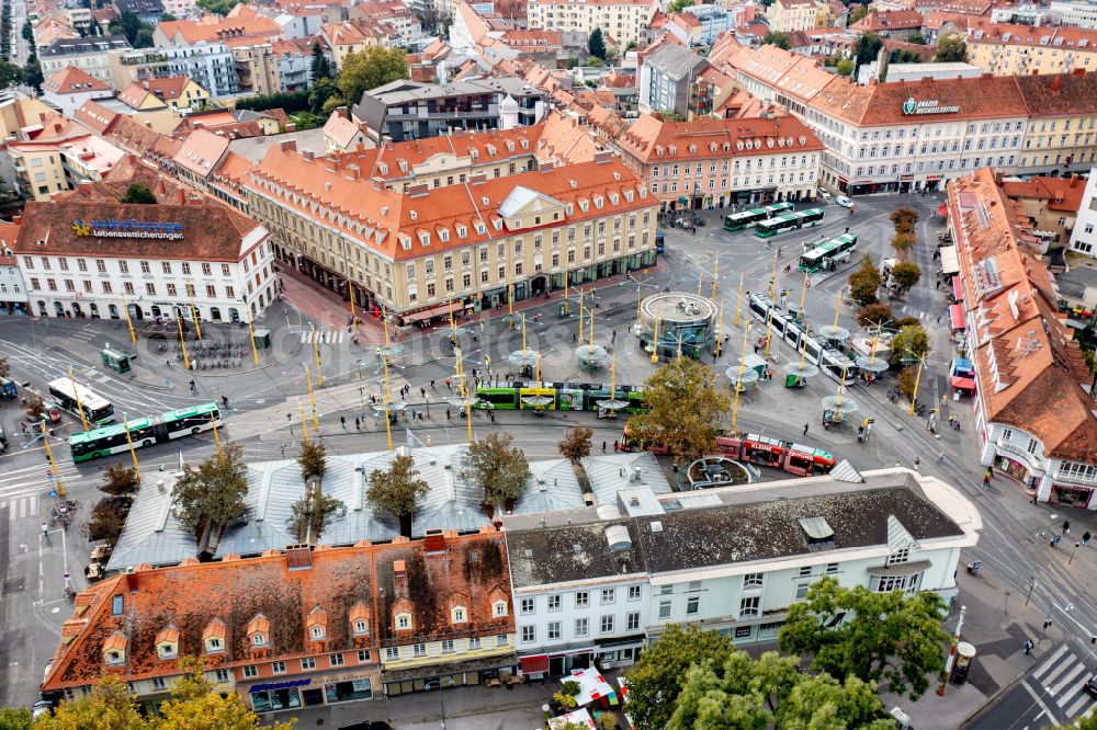 Graz from the bird's eye view: Ensemble space an place Jakominiplatz in the inner city center in Graz in Steiermark, Austria