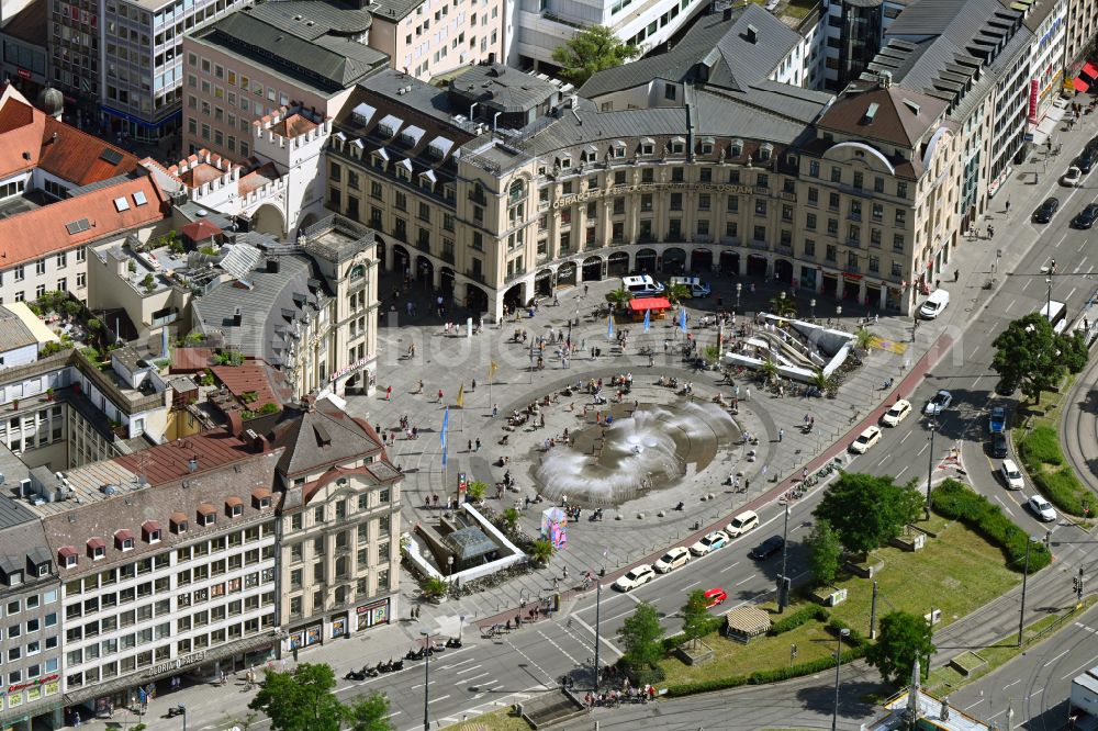 München from above - Ensemble space an place Karlsplatz - Stachus in the inner city center in Munich in the state Bavaria, Germany