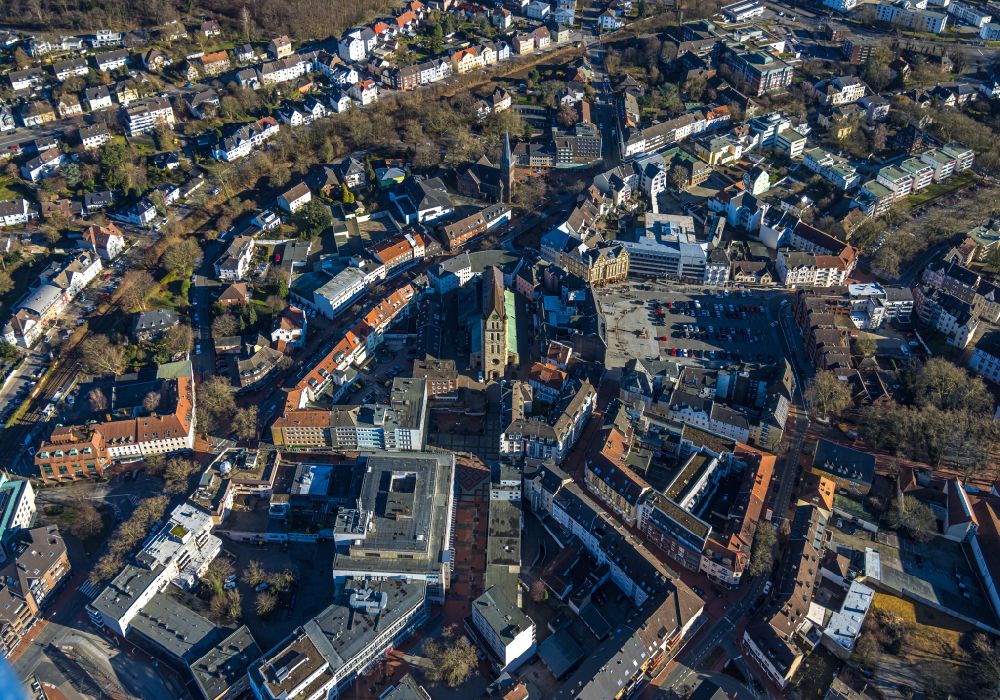 Aerial image Castrop-Rauxel - ensemble space an place of Lambertusplatz in the inner city center on street Muensterstrasse in Castrop-Rauxel at Ruhrgebiet in the state North Rhine-Westphalia, Germany