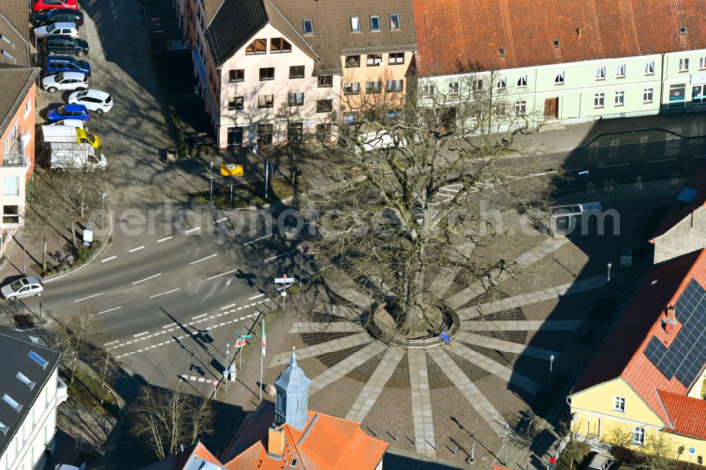 Biesenthal from above - Ensemble space an place Am Markt - August-Bebel-Strasse - Kirchgasse in the inner city center in Biesenthal in the state Brandenburg, Germany