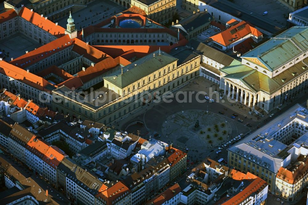 München from above - Square ensemble Max-Joseph-Platz with monument to King Max I. Joseph and a view of the Palais Toerring-Jettenbach in the city center of the old town in Munich in the state Bavaria, Germany