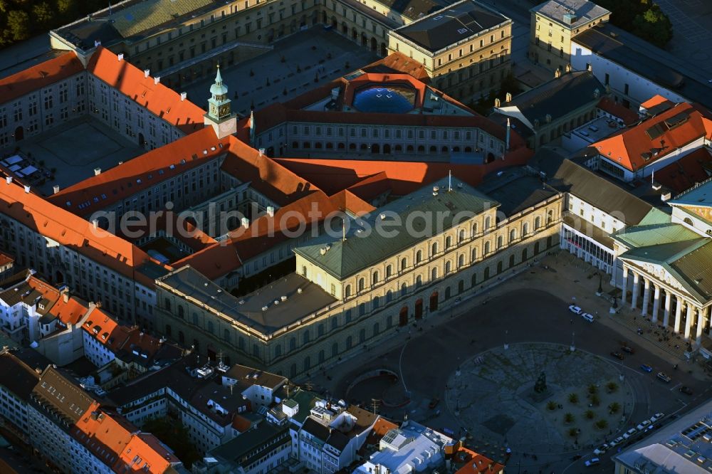 München from the bird's eye view: Square ensemble Max-Joseph-Platz with monument to King Max I. Joseph and a view of the Palais Toerring-Jettenbach in the city center of the old town in Munich in the state Bavaria, Germany
