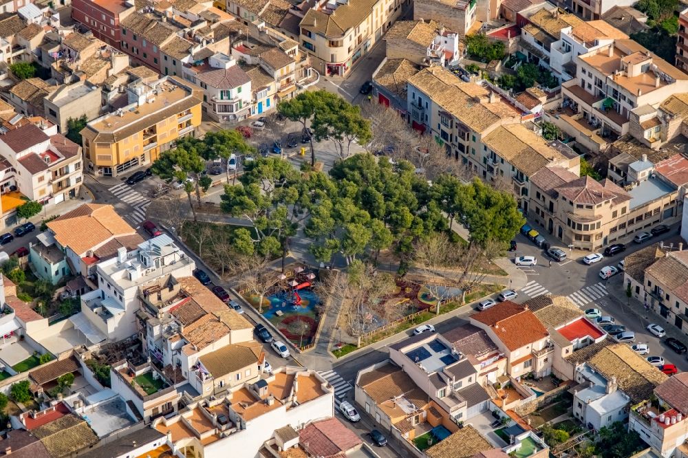 Aerial image Inca - Ensemble space an place Placa of Blanquer in the inner city center in Inca in Balearische Insel Mallorca, Spain