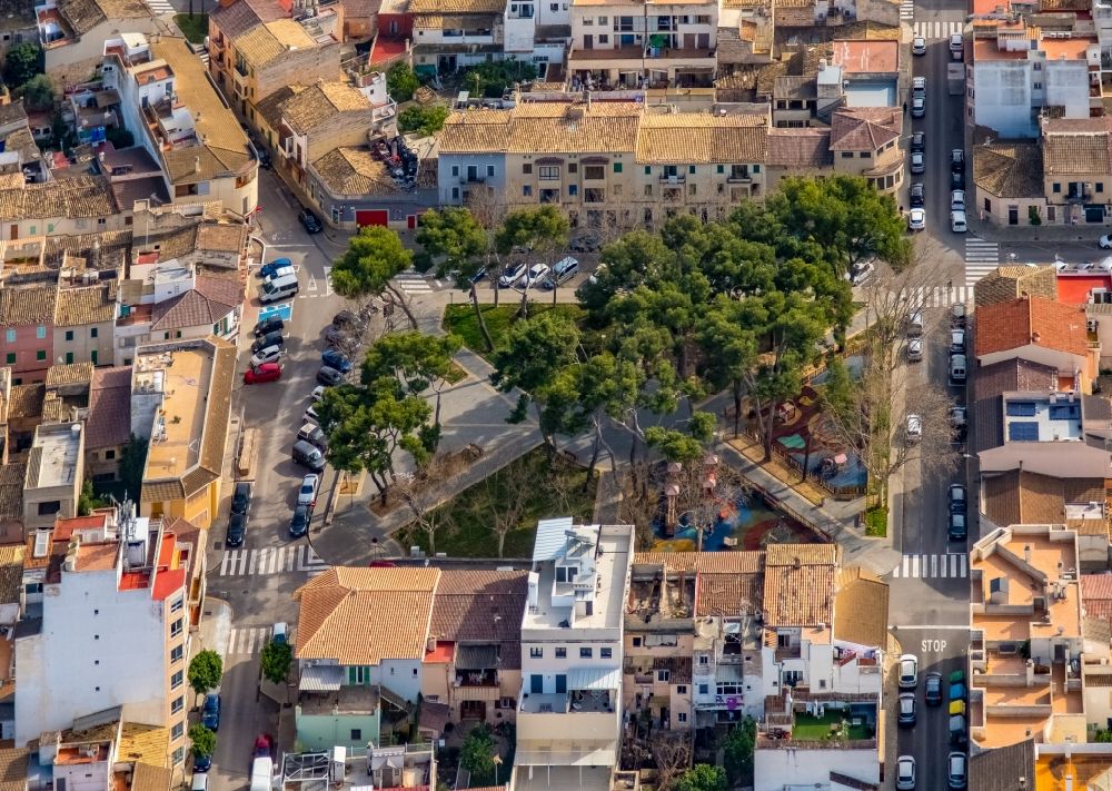 Inca from above - Ensemble space an place Placa of Blanquer in the inner city center in Inca in Balearische Insel Mallorca, Spain