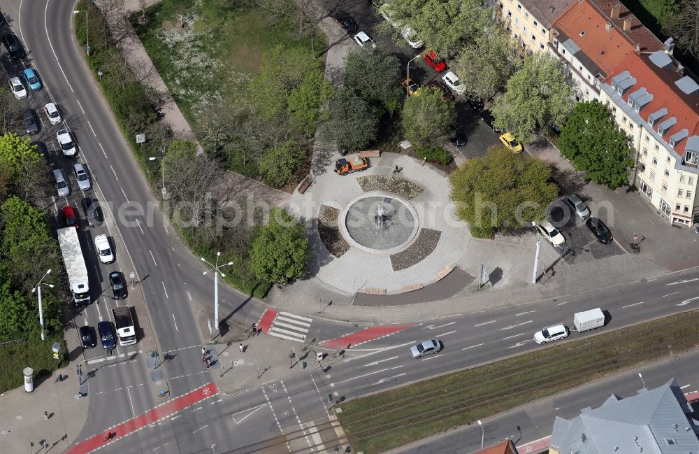 Erfurt from the bird's eye view: Ensemble space an place Rosa Luxemburg Platz in the inner city center in the district Johannesvorstadt in Erfurt in the state Thuringia, Germany