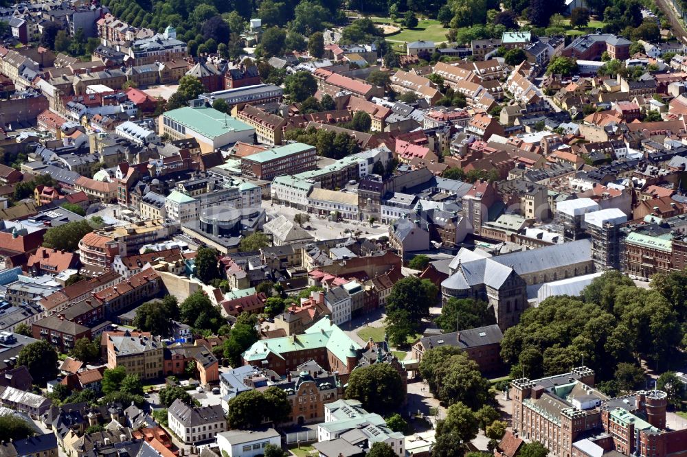 Lund from above - Ensemble space an place Stortorget in the inner city center in the district Centrala staden in Lund in Skane laen, Sweden