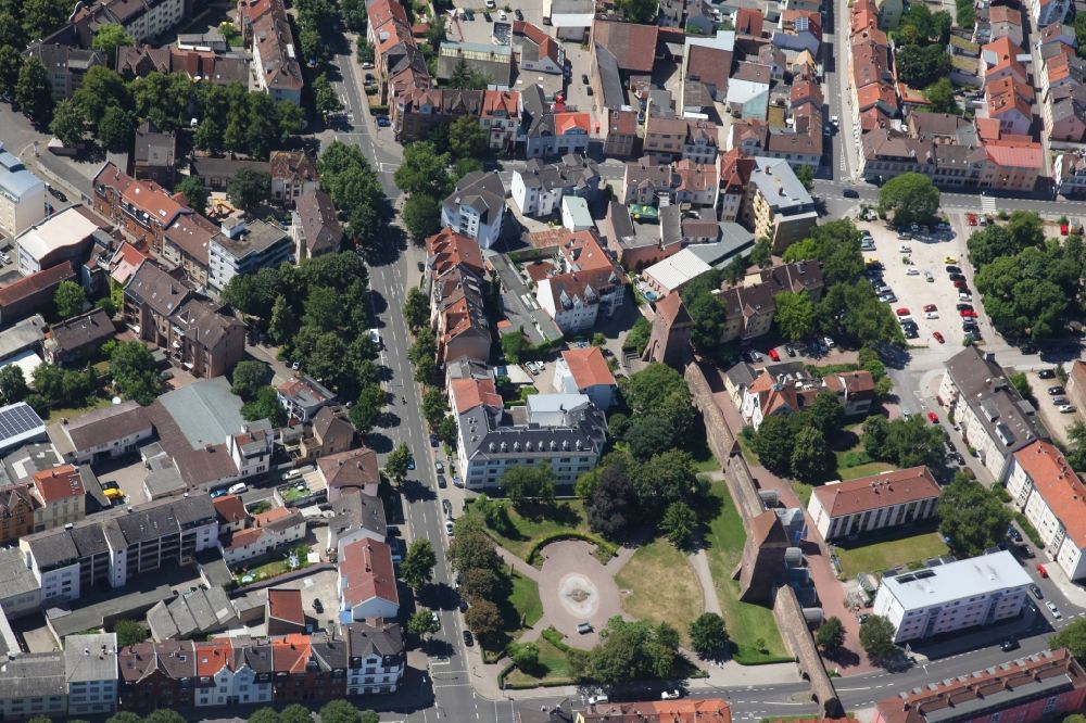 Worms from above - Ensemble space on Torturmplatz in the inner city center in Worms in the state Rhineland-Palatinate, Germany. To the right of it the Buergerturm (citizen Tower) and the Torturm (gate Tower) in the remains of the old city wall