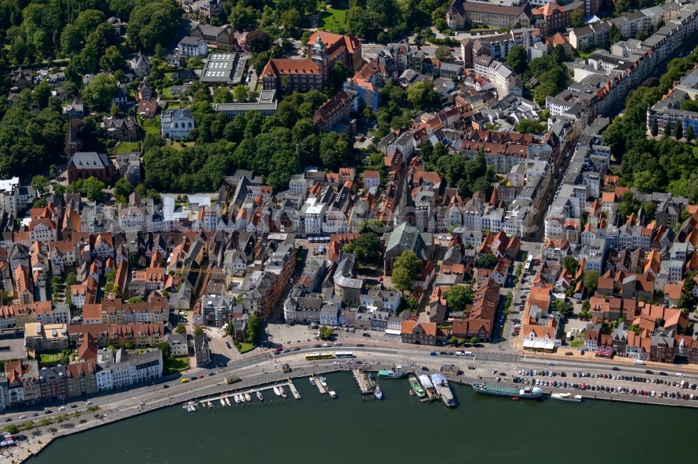 Flensburg from above - Ensemble space between Hafen and Fussgaengerzone in the inner city center in the district Altstadt in Flensburg in the state Schleswig-Holstein, Germany