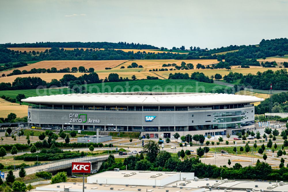 Aerial photograph Sinsheim - Sports facility area of the stadium PreZero Arena (formerly WIRSOL or Rhein-Neckar-Arena) on Dietmar-Hopp-Strasse in Sinsheim in the state of Baden-Wuerttemberg