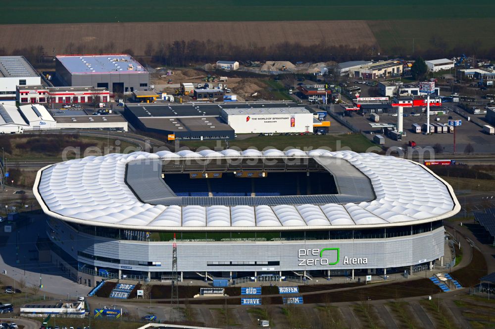 Aerial photograph Sinsheim - Sports facility area of the stadium PreZero Arena (formerly WIRSOL or Rhein-Neckar-Arena) on Dietmar-Hopp-Strasse in Sinsheim in the state of Baden-Wuerttemberg