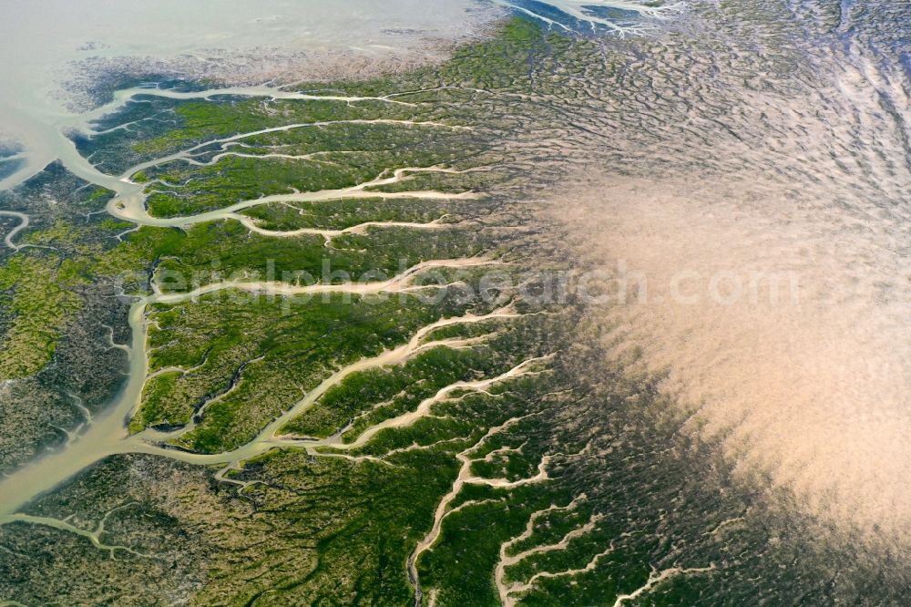 Reußenköge from above - Formation of tides in the Wadden Sea landscape of North Sea in Reussenkoege in the state Schleswig-Holstein, Germany