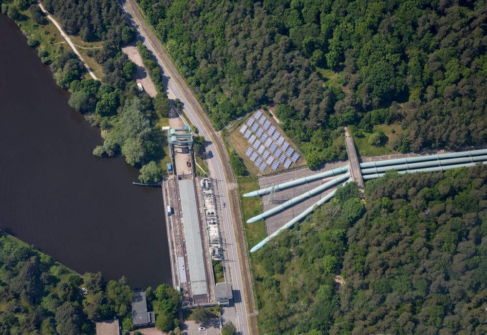 Geesthacht from above - Structure and dams of the waterworks and hydroelectric power plant in Geesthacht in the state Schleswig-Holstein, Germany